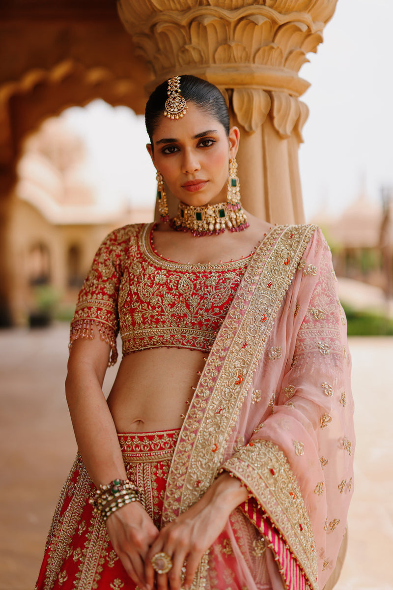 Nusrat-Hot Pink Kali-In-Kali Lehenga Set With Blouse And Dupatta raw silk, silk organza lehenga sets by SHEETAL BATRA in pink for women Worldwide