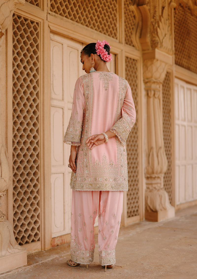 Elaya-Pink Short Kurta Set With Matching Salwar And Dupatta silk chanderi, silk organza kurta/kurta set by SHEETAL BATRA in pink for women Worldwide