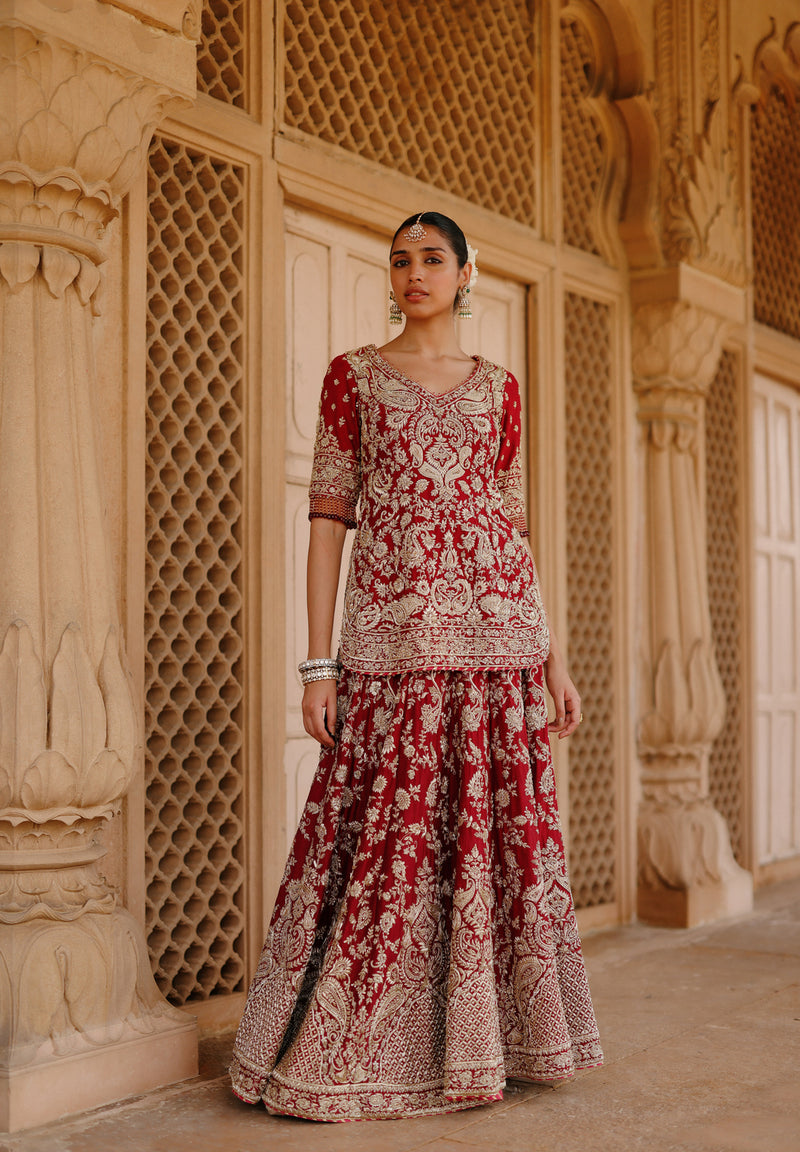 Merab-Deep Red Kurta Set With Lehenga And Dupatta silk chanderi, tissue lehenga sets by SHEETAL BATRA in red, yellow for women Worldwide