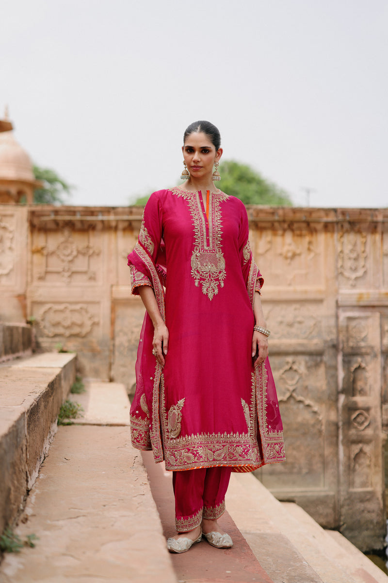 Arwa-Hot Pink Long Kurta Set With Salwar And Dupatta silk chanderi, silk organza kurta/kurta set by SHEETAL BATRA in pink for women Worldwide