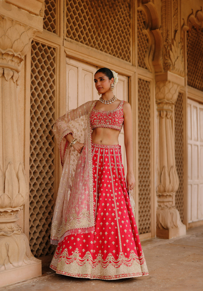 Noorbano-Hot Pink Lehenga Set With Blouse And Dupatta raw silk lehenga sets by SHEETAL BATRA in pink for women Worldwide