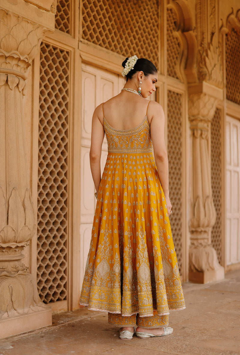 Afraa-Mustard Anarkali Set With Palazzo And Dupatta silk chanderi, silk organza kurta/kurta set by SHEETAL BATRA in mustard for women Worldwide