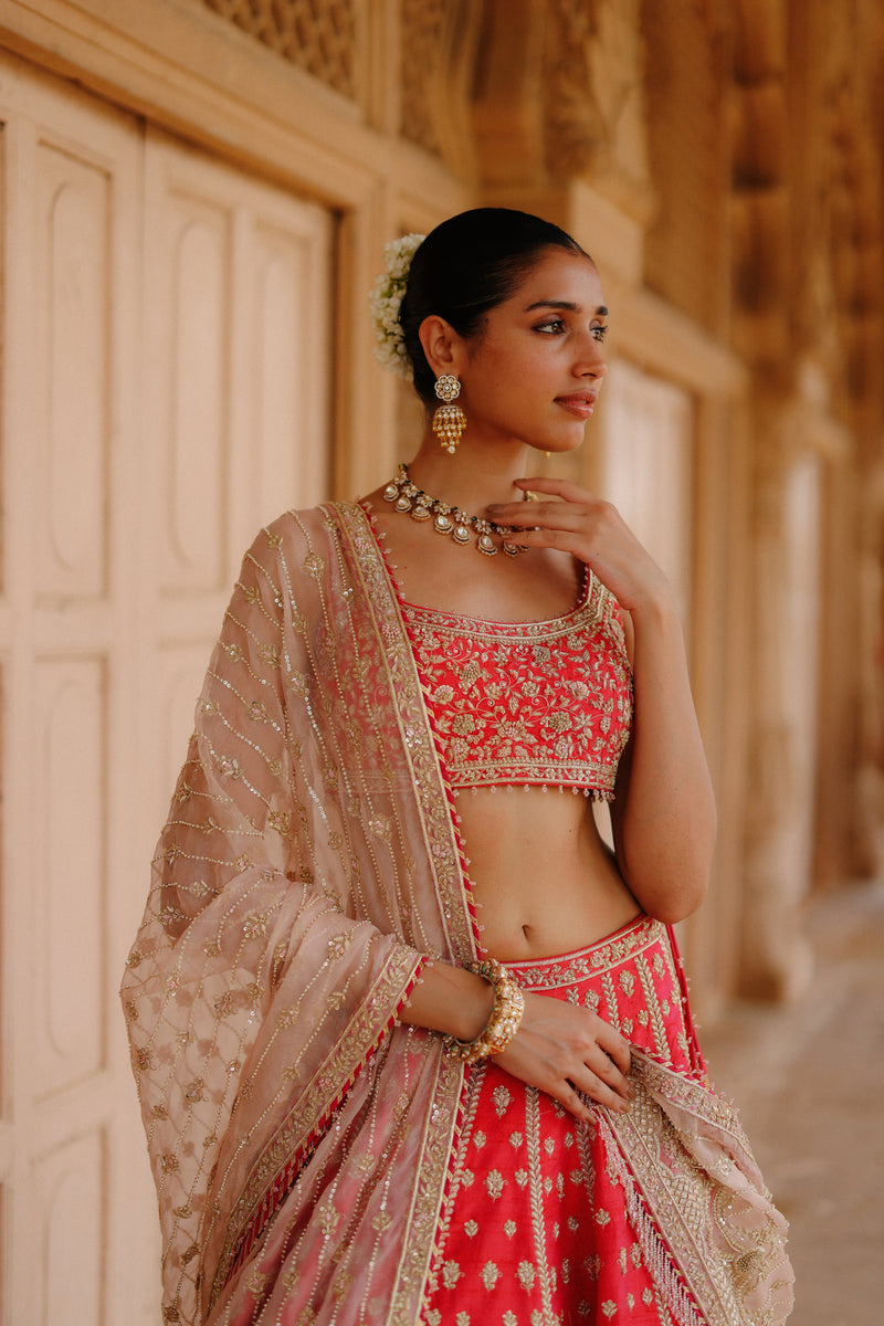 Noorbano-Hot Pink Lehenga Set With Blouse And Dupatta raw silk lehenga sets by SHEETAL BATRA in pink for women Worldwide