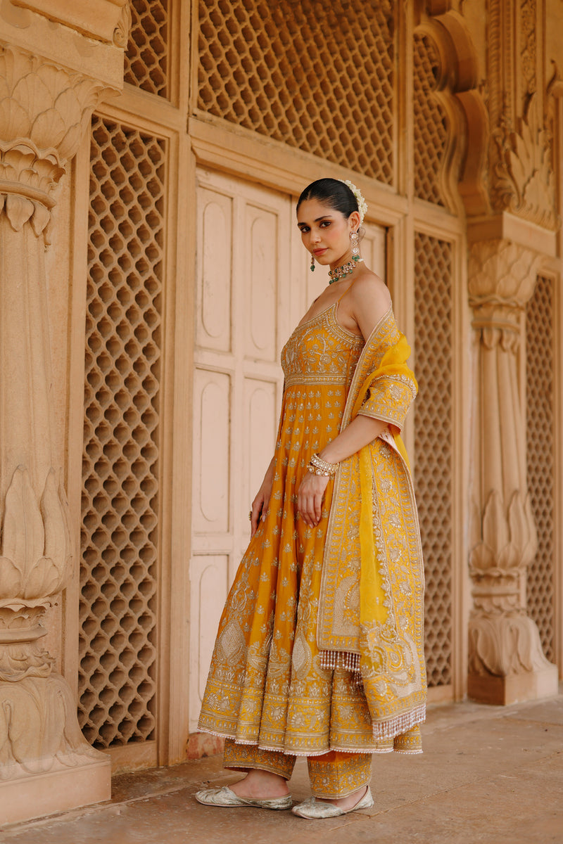 Afraa-Mustard Anarkali Set With Palazzo And Dupatta silk chanderi, silk organza kurta/kurta set by SHEETAL BATRA in mustard for women Worldwide