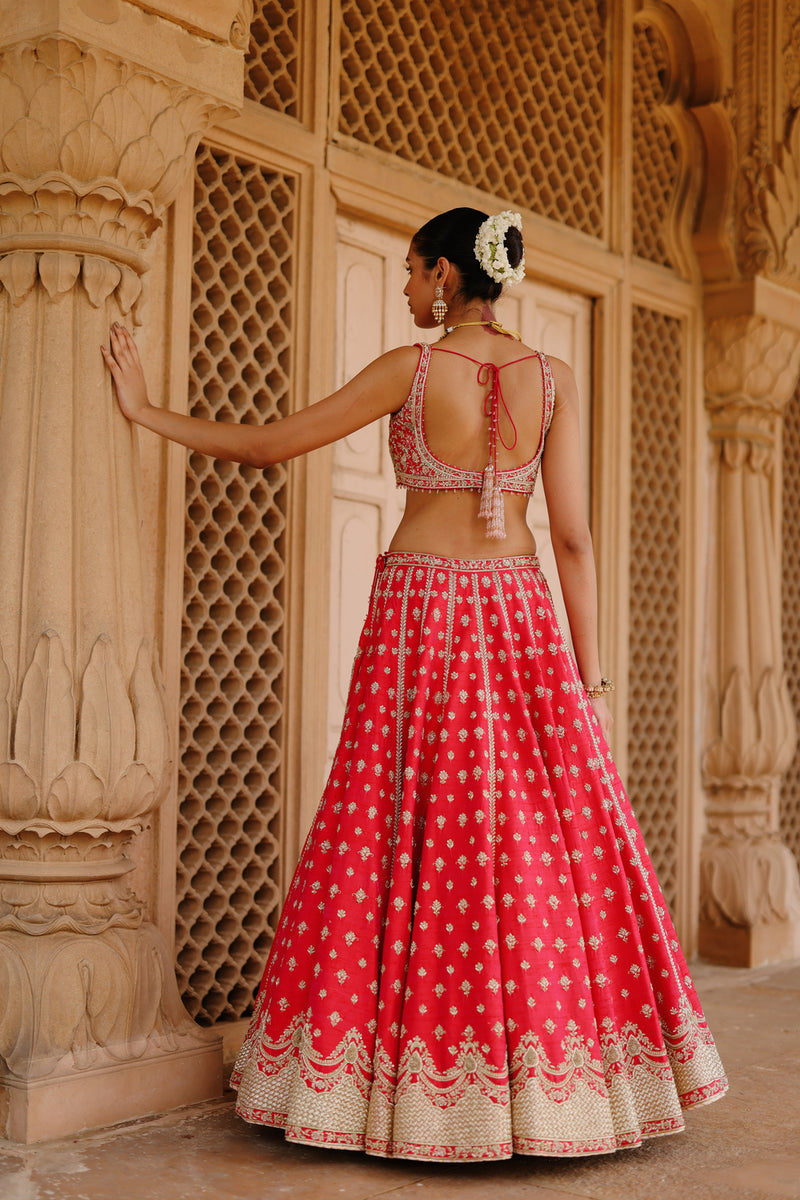 Noorbano-Hot Pink Lehenga Set With Blouse And Dupatta raw silk lehenga sets by SHEETAL BATRA in pink for women Worldwide