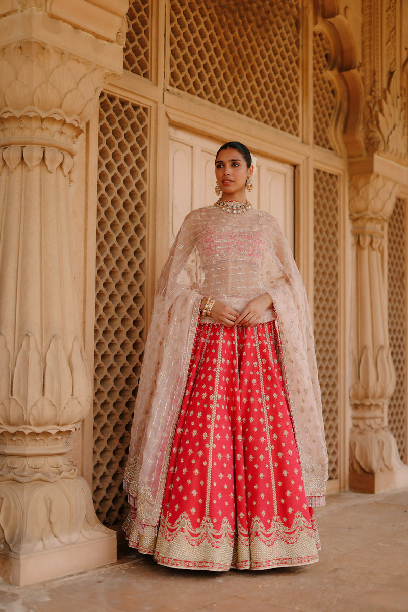 Noorbano-Hot Pink Lehenga Set With Blouse And Dupatta raw silk lehenga sets by SHEETAL BATRA in pink for women Worldwide