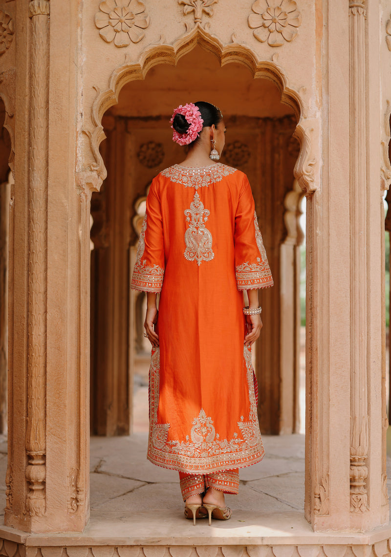 Umaira-Burnt Orange Long Kurta Set With Salwar And Dupatta silk chanderi, silk organza kurta/kurta set by SHEETAL BATRA in orange for women Worldwide