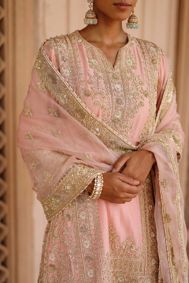 Elaya-Pink Short Kurta Set With Matching Salwar And Dupatta silk chanderi, silk organza kurta/kurta set by SHEETAL BATRA in pink for women Worldwide