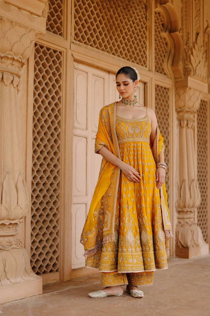 Afraa-Mustard Anarkali Set With Palazzo And Dupatta silk chanderi, silk organza kurta/kurta set by SHEETAL BATRA in mustard for women Worldwide