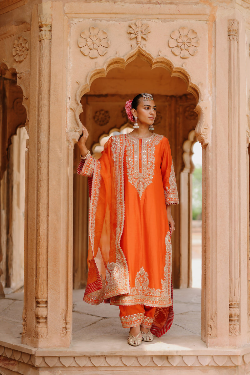Umaira-Burnt Orange Long Kurta Set With Salwar And Dupatta silk chanderi, silk organza kurta/kurta set by SHEETAL BATRA in orange for women Worldwide