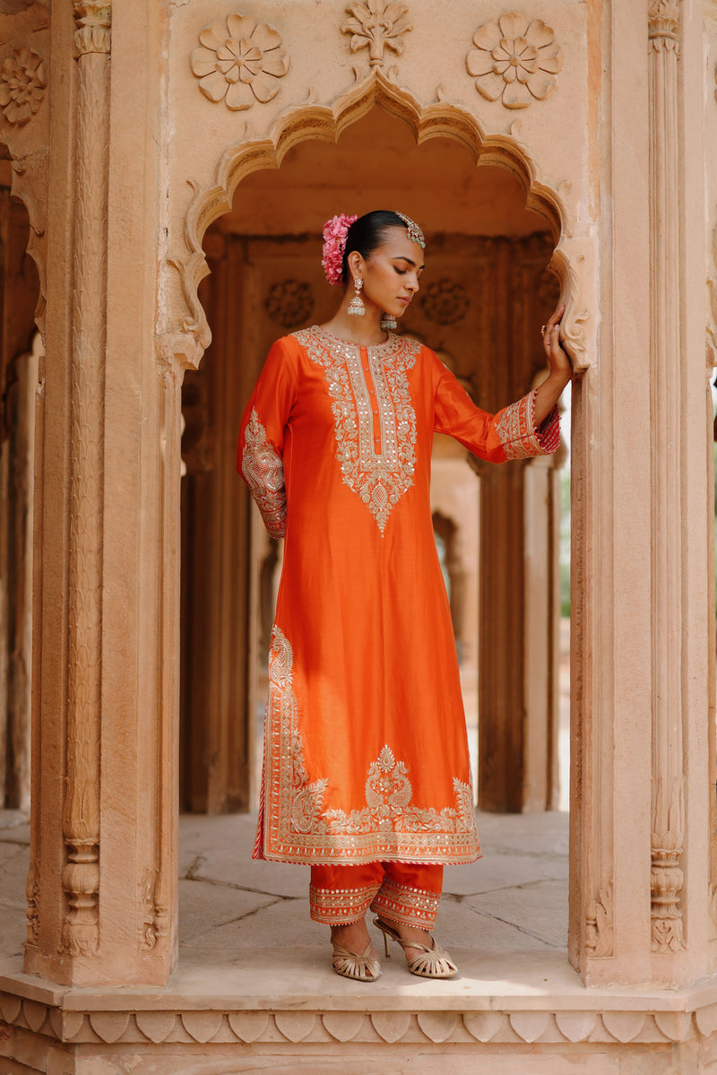 Umaira-Burnt Orange Long Kurta Set With Salwar And Dupatta silk chanderi, silk organza kurta/kurta set by SHEETAL BATRA in orange for women Worldwide
