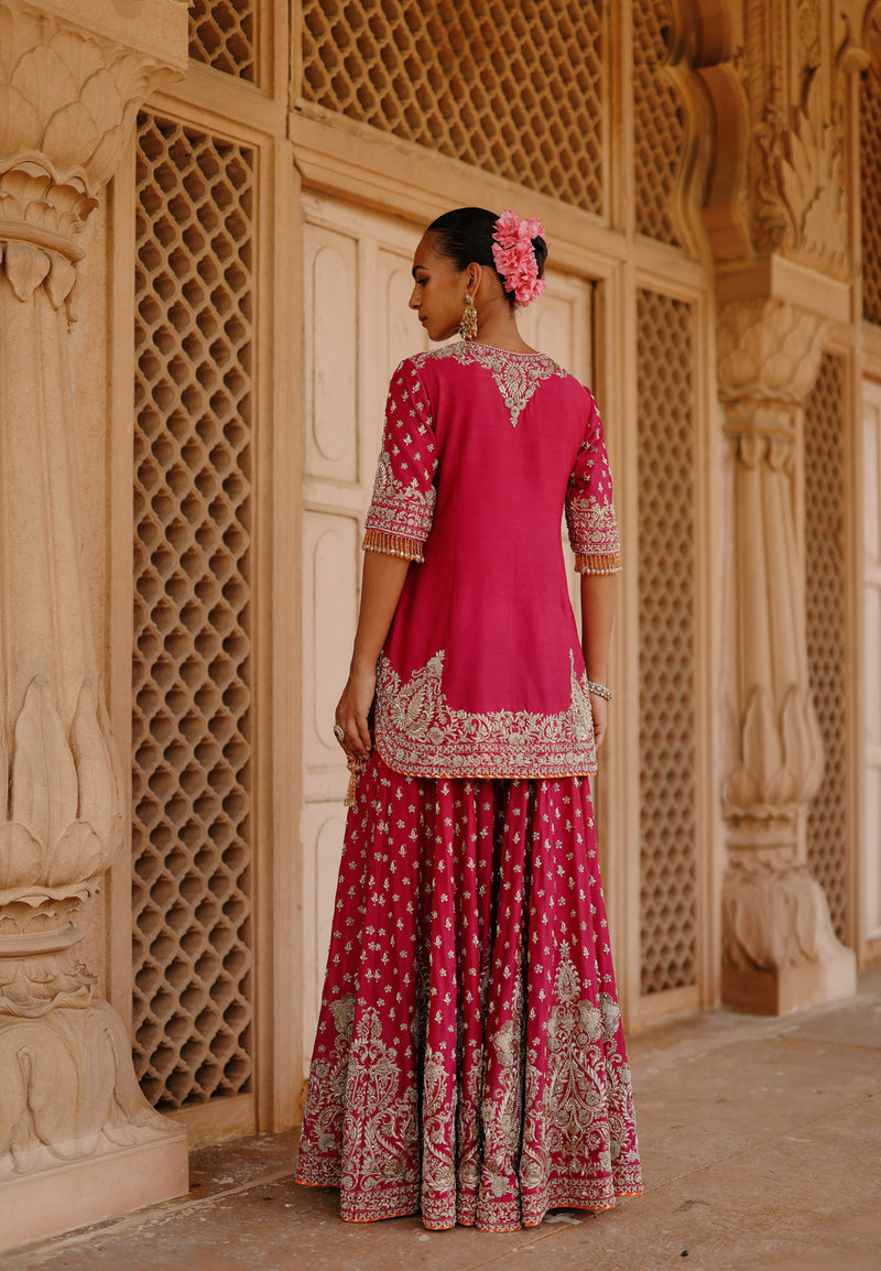 Maysam-Hot Pink Kurta Set With Sharara And Dupatta silk chanderi, silk organza kurta/kurta set by SHEETAL BATRA in pink, orange for women Worldwide