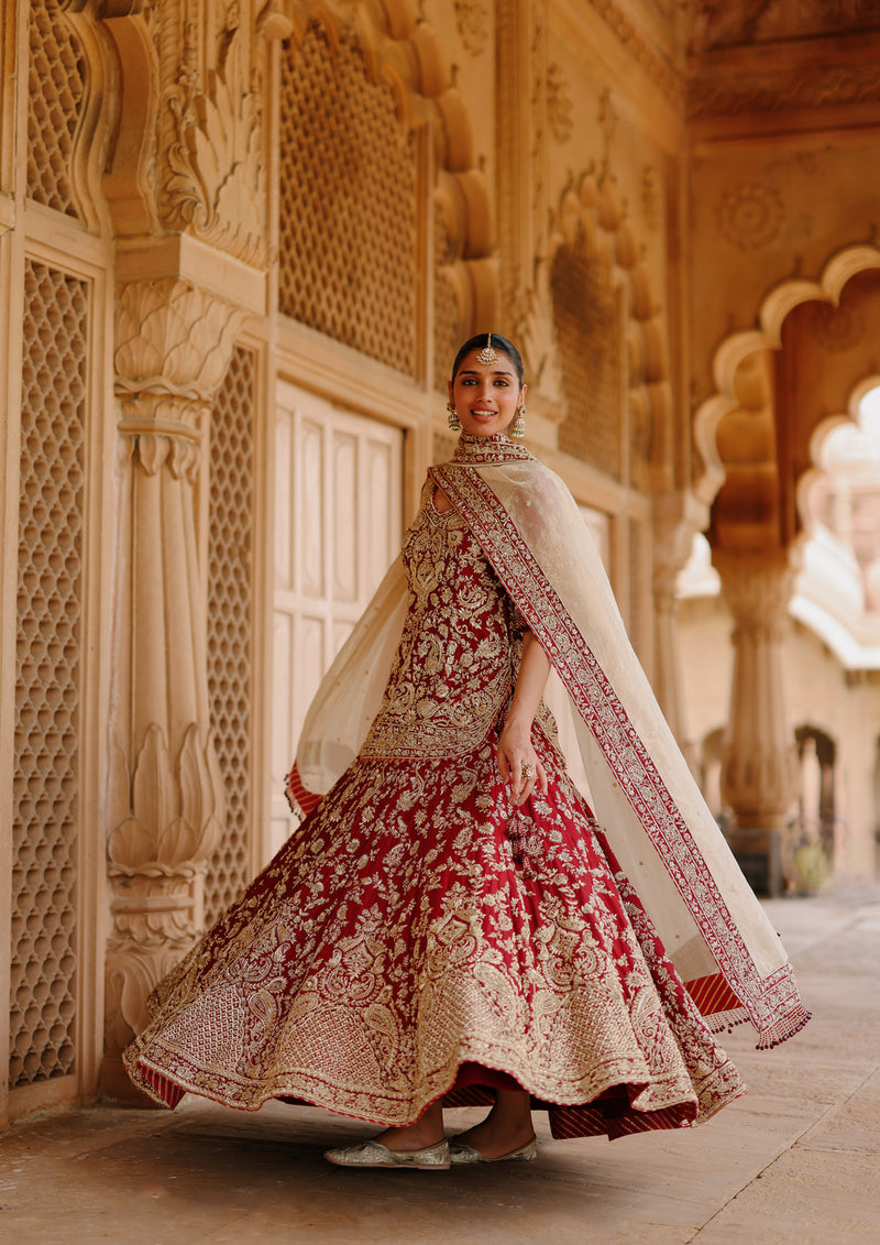 Merab-Deep Red Kurta Set With Lehenga And Dupatta silk chanderi, tissue lehenga sets by SHEETAL BATRA in red, yellow for women Worldwide