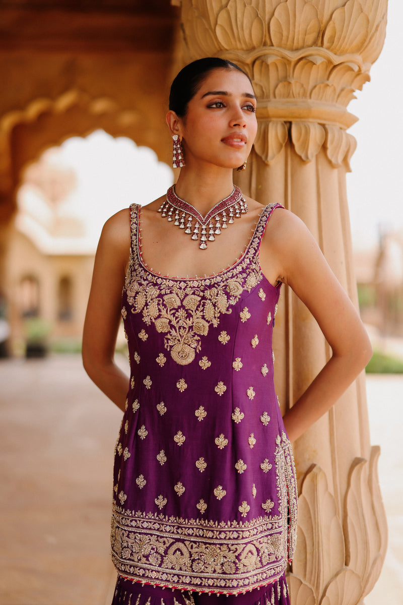 Shahbano-Deep Purple Kurta Set With Garara And Dupatta silk chanderi, silk organza kurta/kurta set by SHEETAL BATRA in purple for women Worldwide