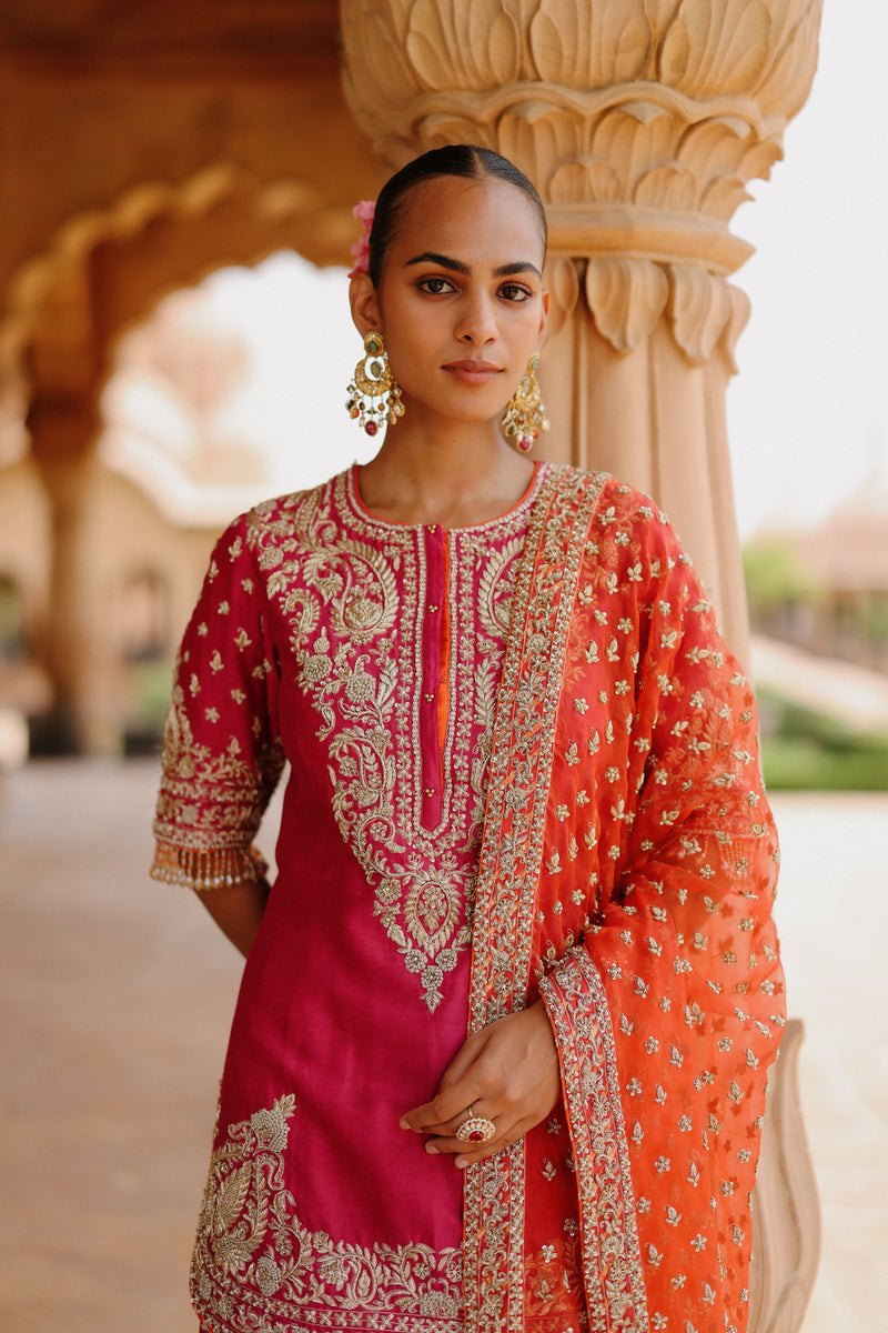 Maysam-Hot Pink Kurta Set With Sharara And Dupatta silk chanderi, silk organza kurta/kurta set by SHEETAL BATRA in pink, orange for women Worldwide