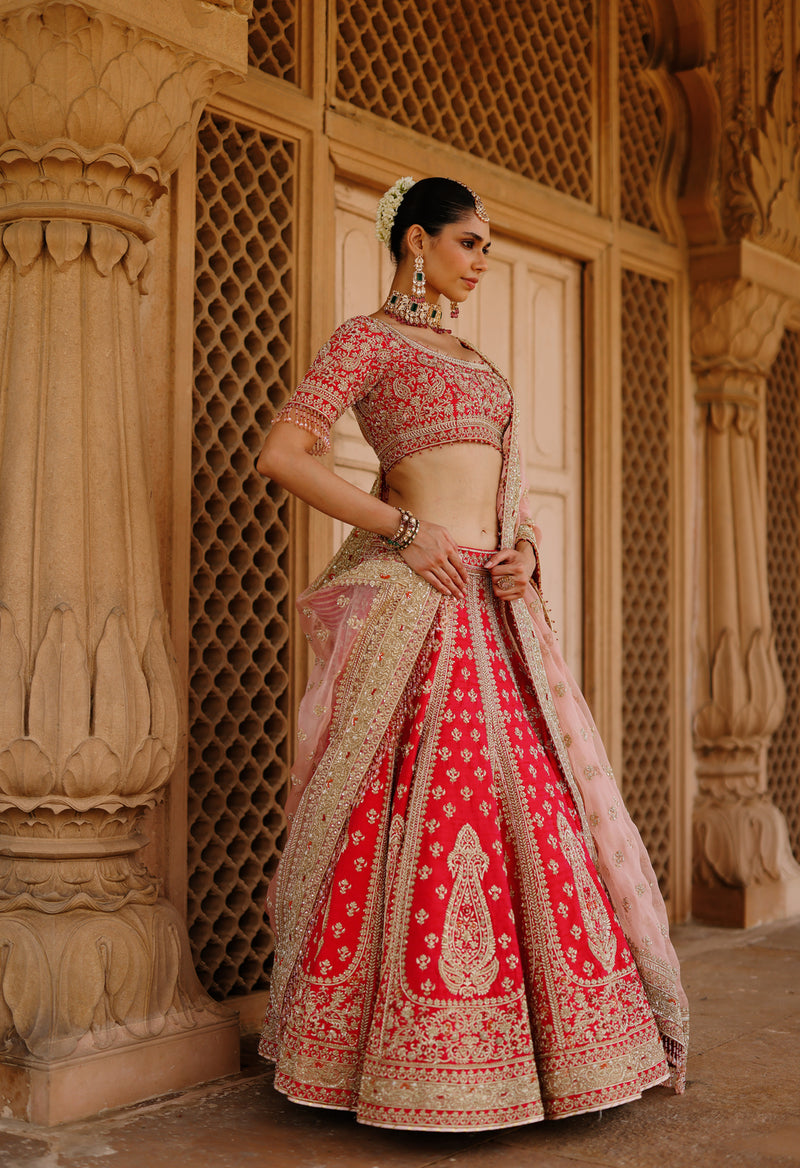 Nusrat-Hot Pink Kali-In-Kali Lehenga Set With Blouse And Dupatta raw silk, silk organza lehenga sets by SHEETAL BATRA in pink for women Worldwide