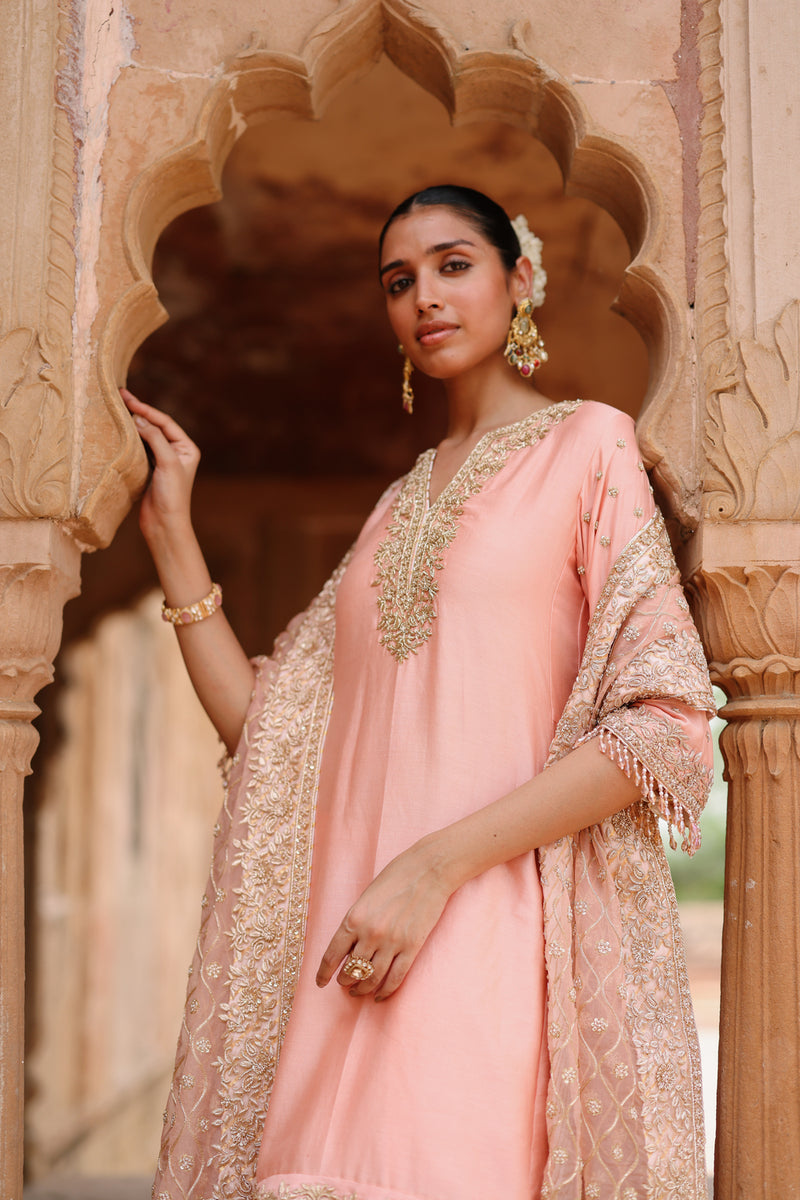 Maham-Pink Anarkali Set With Salwar And Dupatta silk chanderi, silk organza kurta/kurta set by SHEETAL BATRA in pink for women Worldwide