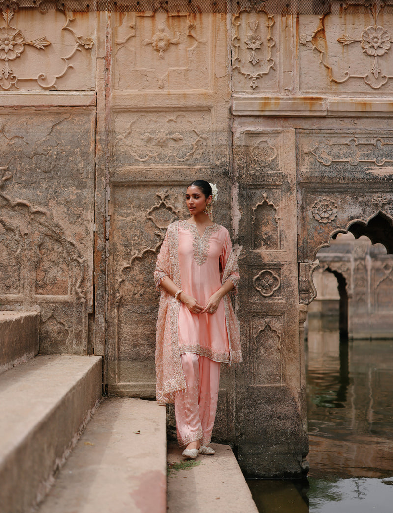 Maham-Pink Anarkali Set With Salwar And Dupatta silk chanderi, silk organza kurta/kurta set by SHEETAL BATRA in pink for women Worldwide