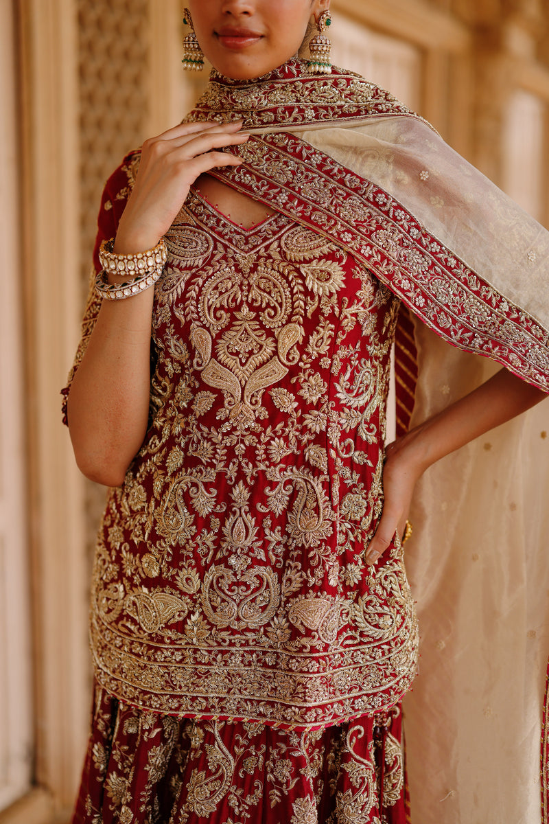 Merab-Deep Red Kurta Set With Lehenga And Dupatta silk chanderi, tissue lehenga sets by SHEETAL BATRA in red, yellow for women Worldwide