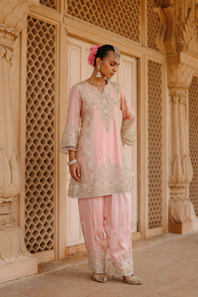 Elaya-Pink Short Kurta Set With Matching Salwar And Dupatta silk chanderi, silk organza kurta/kurta set by SHEETAL BATRA in pink for women Worldwide