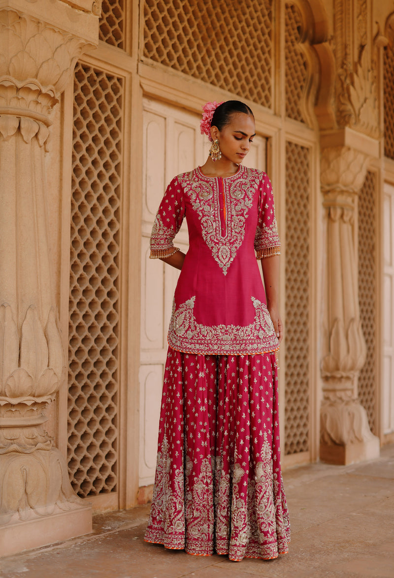 Maysam-Hot Pink Kurta Set With Sharara And Dupatta silk chanderi, silk organza kurta/kurta set by SHEETAL BATRA in pink, orange for women Worldwide