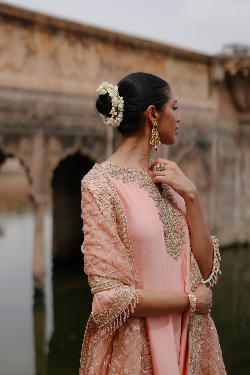 Maham-Pink Anarkali Set With Salwar And Dupatta silk chanderi, silk organza kurta/kurta set by SHEETAL BATRA in pink for women Worldwide