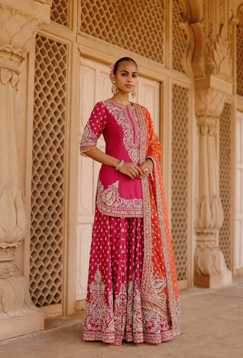 Maysam-Hot Pink Kurta Set With Sharara And Dupatta silk chanderi, silk organza kurta/kurta set by SHEETAL BATRA in pink, orange for women Worldwide