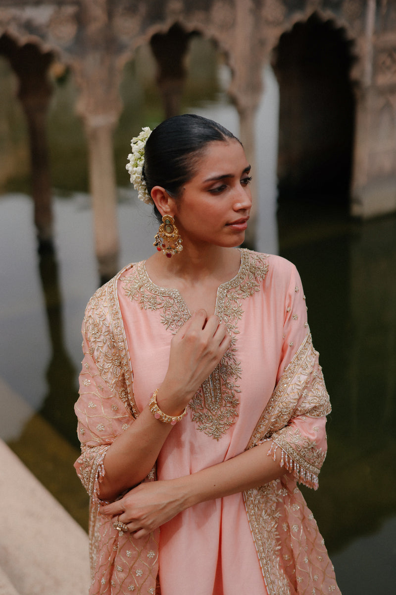 Maham-Pink Anarkali Set With Salwar And Dupatta silk chanderi, silk organza kurta/kurta set by SHEETAL BATRA in pink for women Worldwide