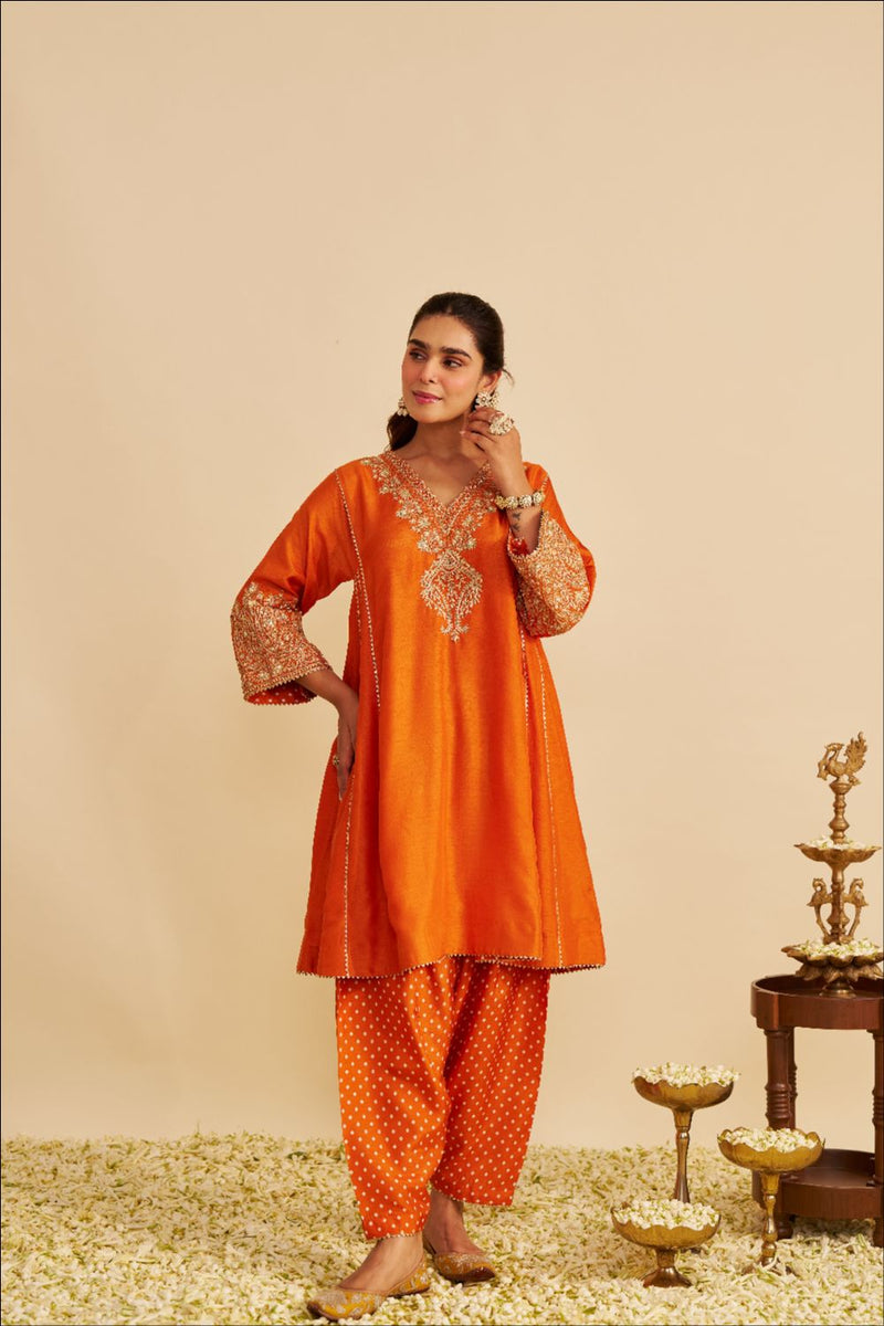 Niyah - Short Chauga With Salwar-Orange silk by SHEETAL BATRA in orange color for women Worldwide