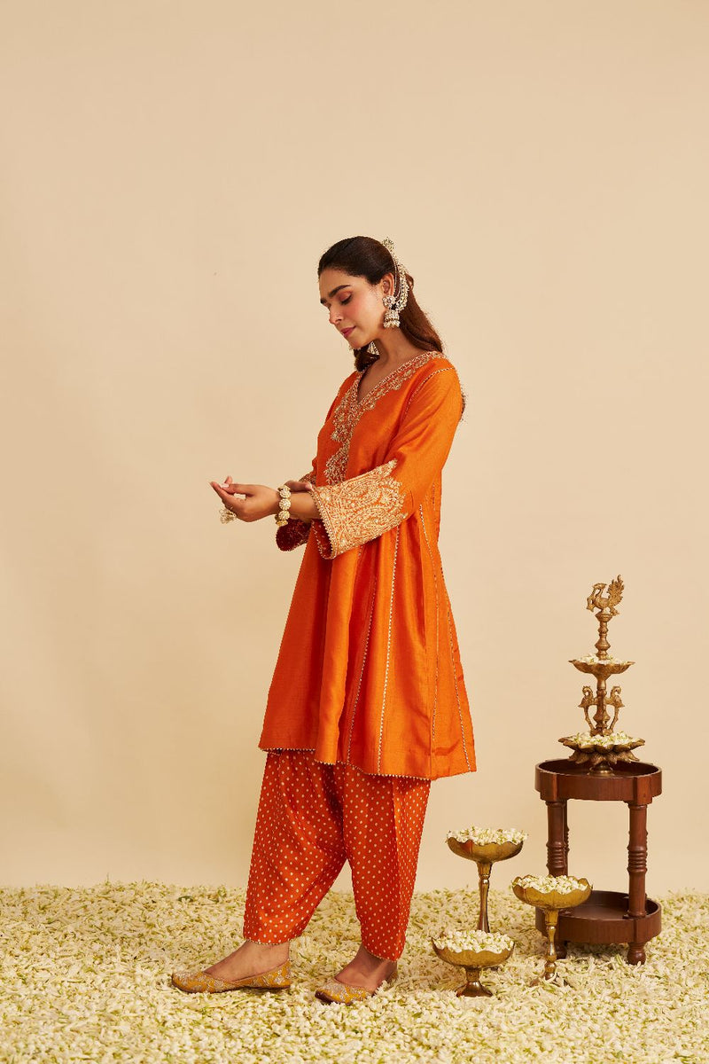 Niyah - Short Chauga With Salwar-Orange silk by SHEETAL BATRA in orange color for women Worldwide