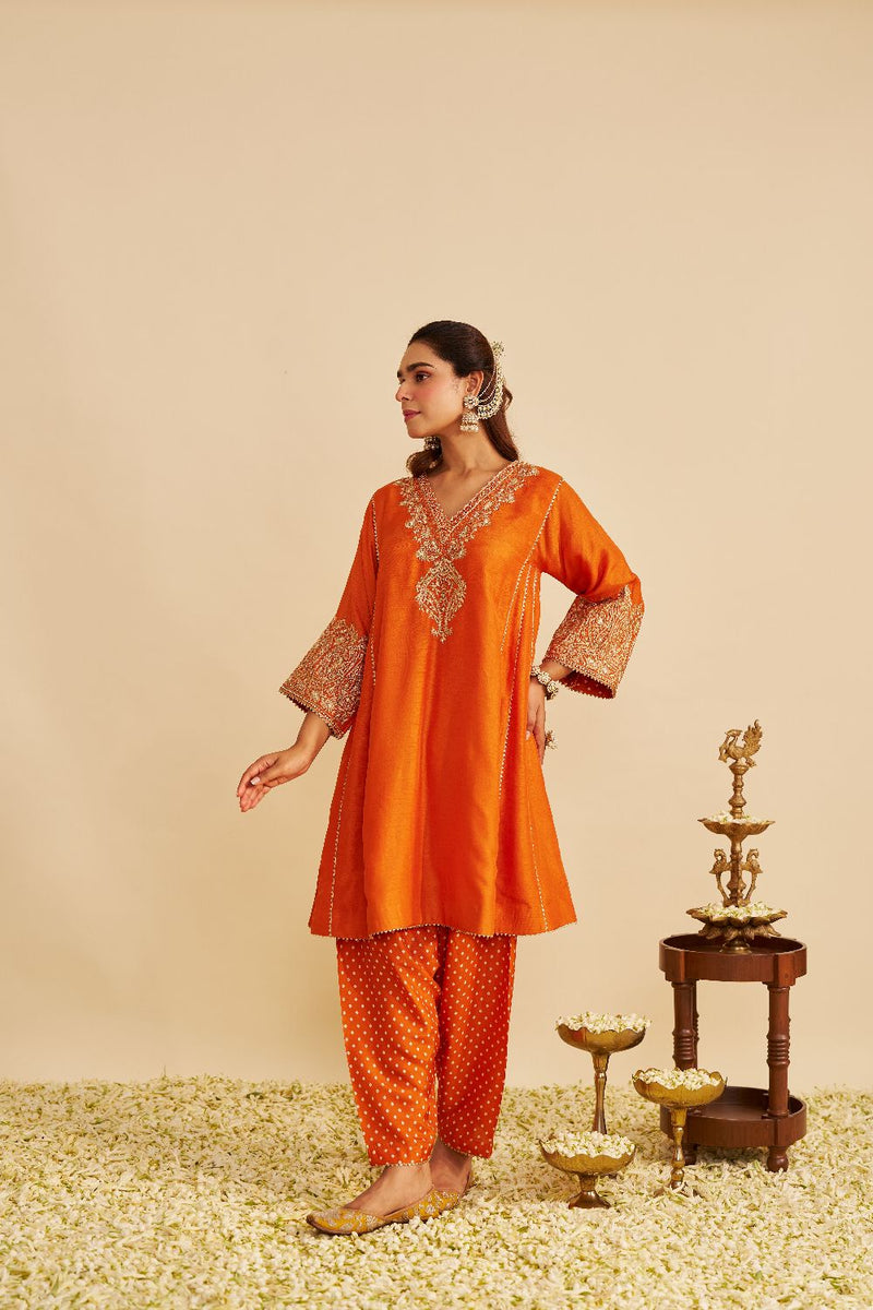 Niyah - Short Chauga With Salwar-Orange silk by SHEETAL BATRA in orange color for women Worldwide