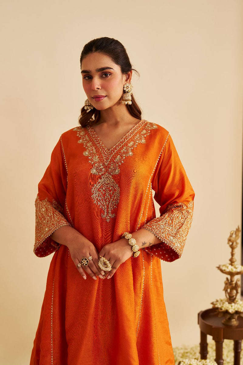 Niyah - Short Chauga With Salwar-Orange silk by SHEETAL BATRA in orange color for women Worldwide