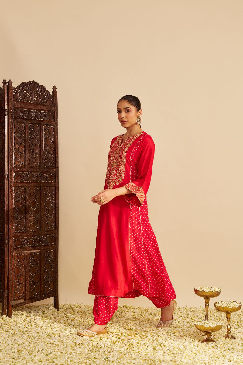 Esra - Long Chauga With Salwar-Red silk by SHEETAL BATRA in red color for women Worldwide