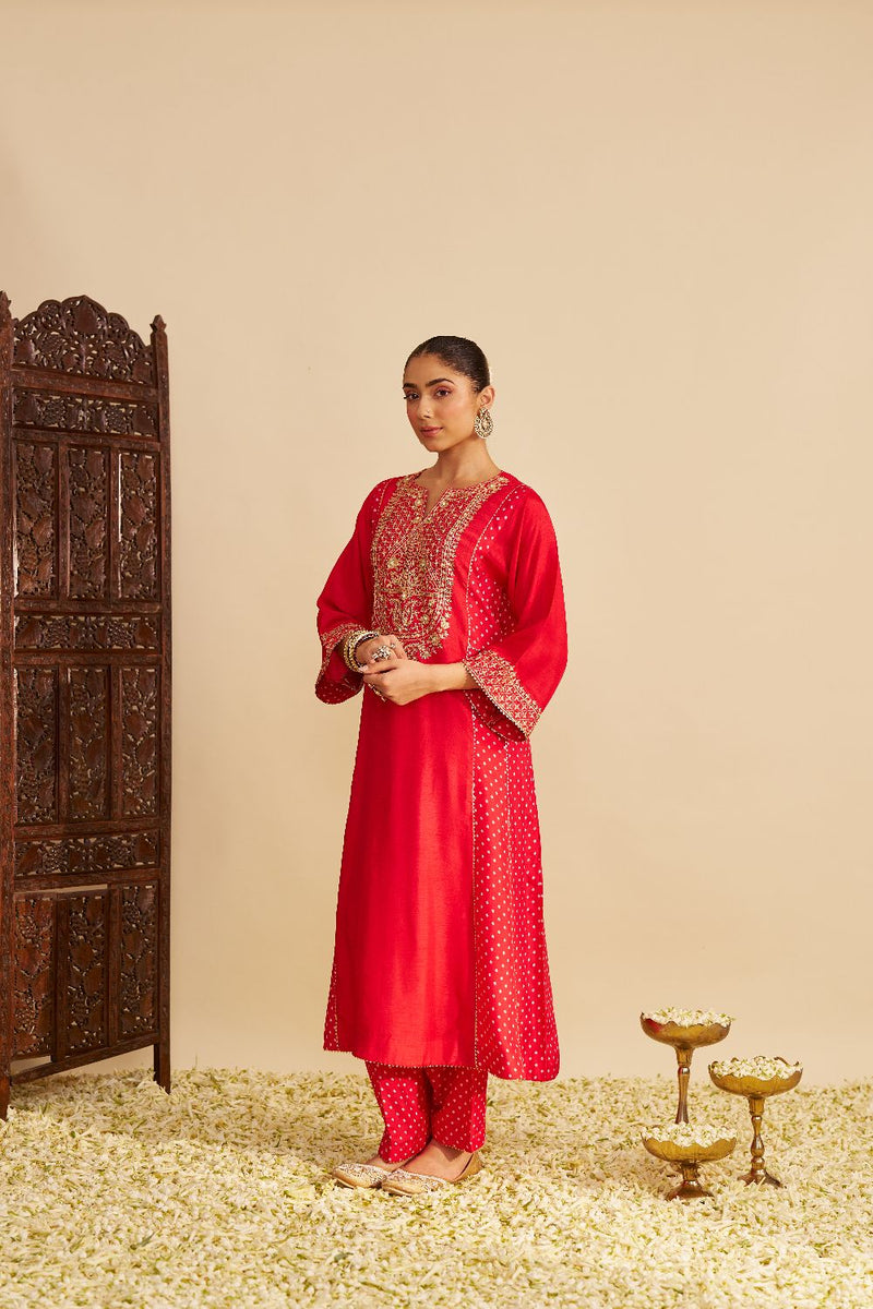 Esra - Long Chauga With Salwar-Red silk by SHEETAL BATRA in red color for women Worldwide