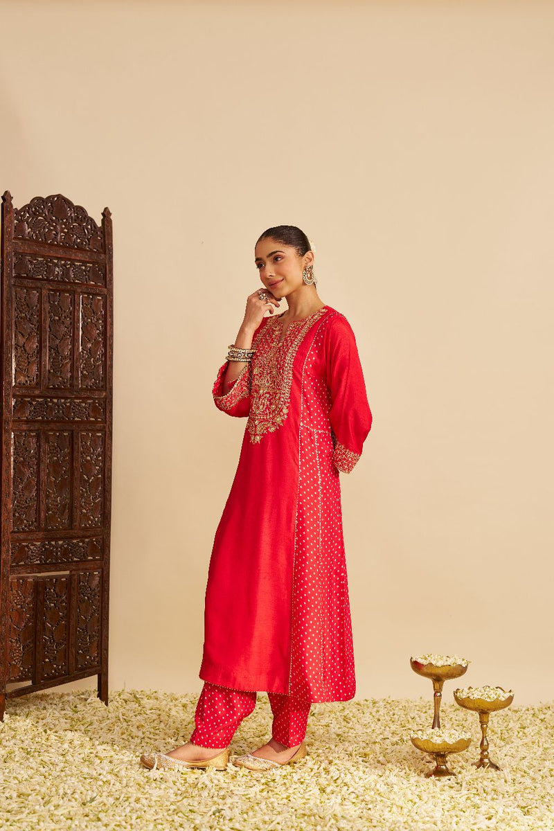 Esra - Long Chauga With Salwar-Red silk by SHEETAL BATRA in red color for women Worldwide