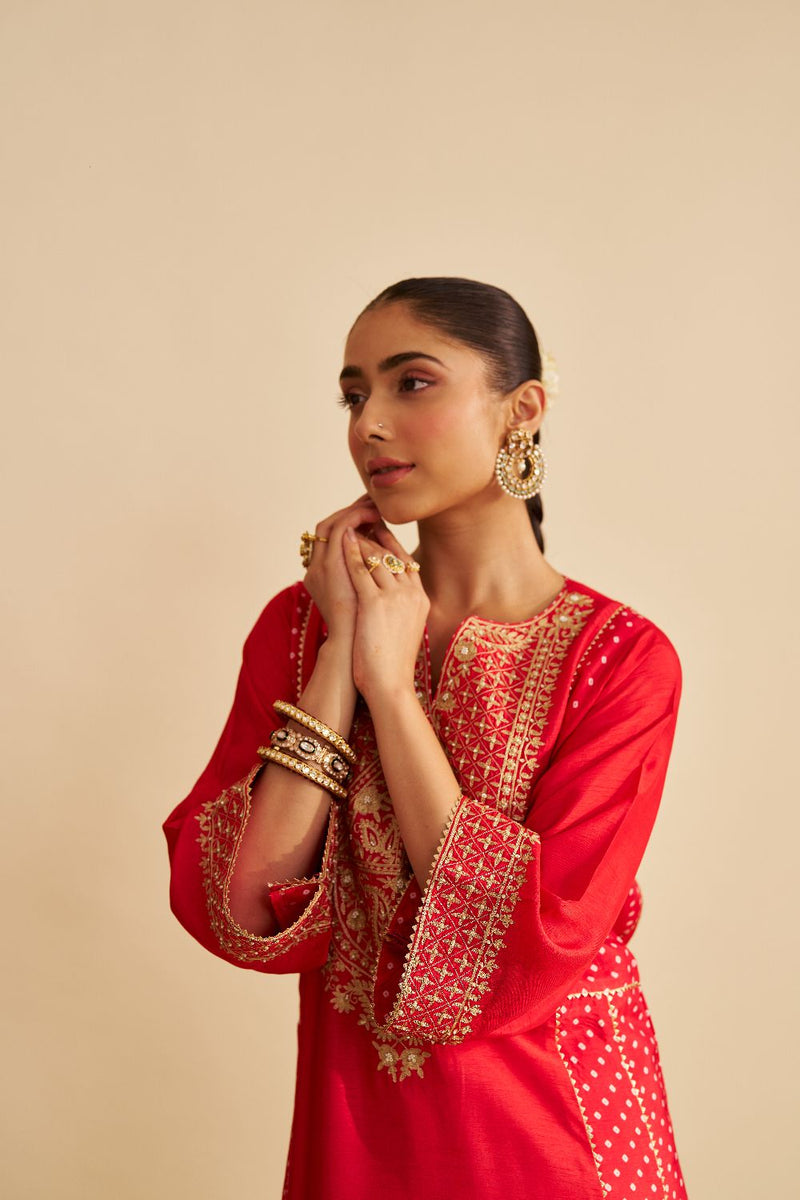 Esra - Long Chauga With Salwar-Red silk by SHEETAL BATRA in red color for women Worldwide