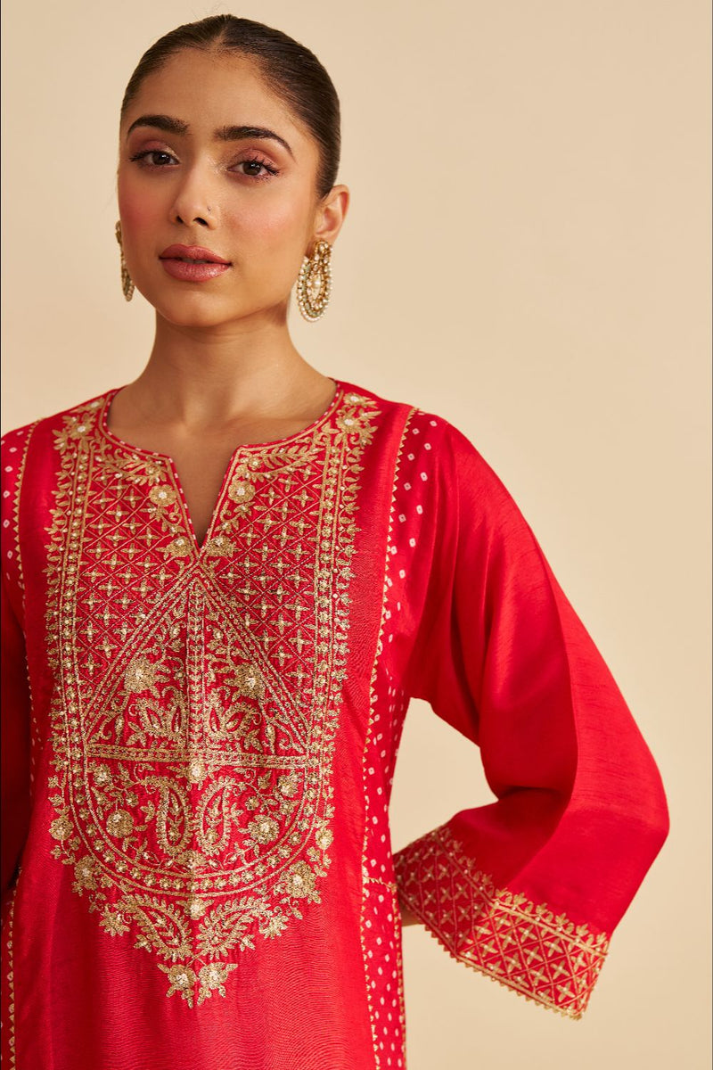 Esra - Long Chauga With Salwar-Red silk by SHEETAL BATRA in red color for women Worldwide