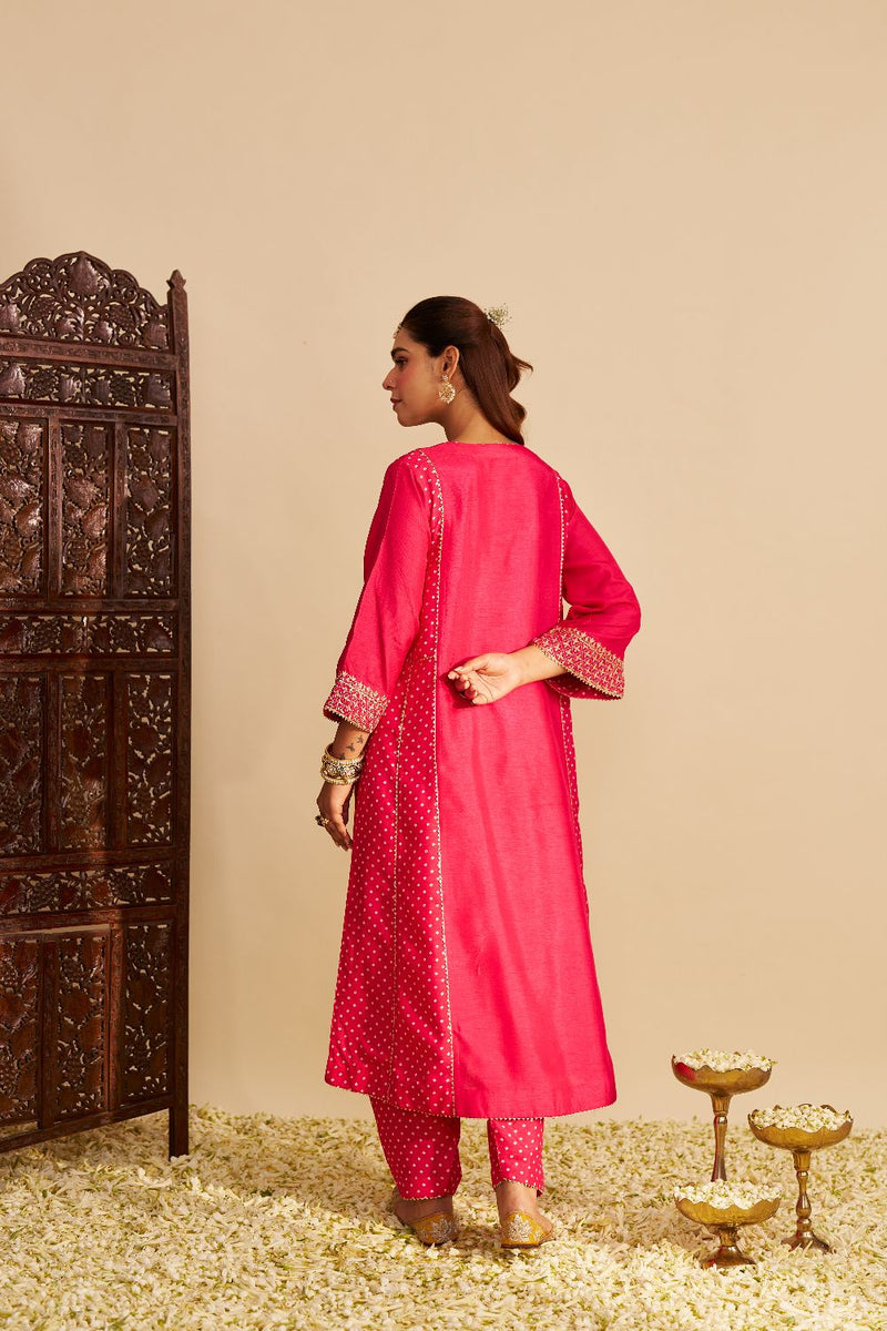 Esra - Long Chauga With Salwar-Hotpink silk by SHEETAL BATRA in pink color for women Worldwide