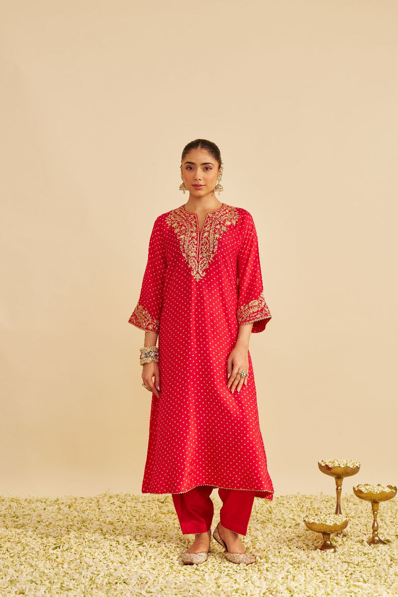 Shezia - Long Chauga With Salwar-Red silk by SHEETAL BATRA in red color for women Worldwide