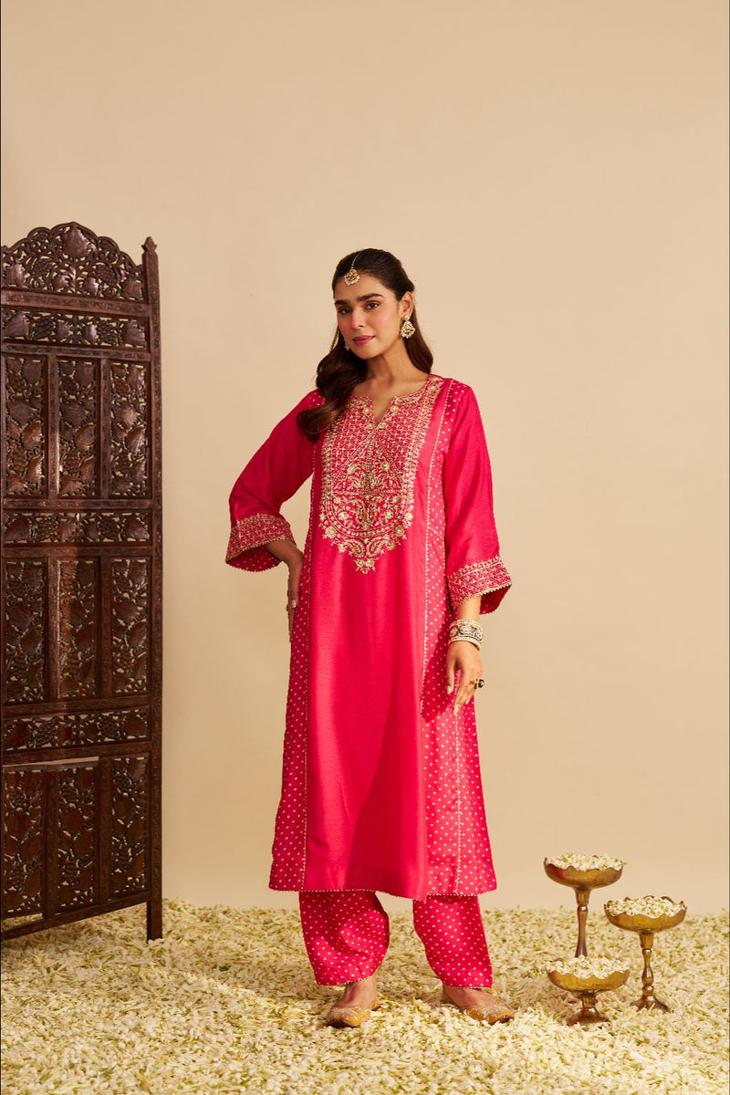 Esra - Long Chauga With Salwar-Hotpink silk by SHEETAL BATRA in pink color for women Worldwide