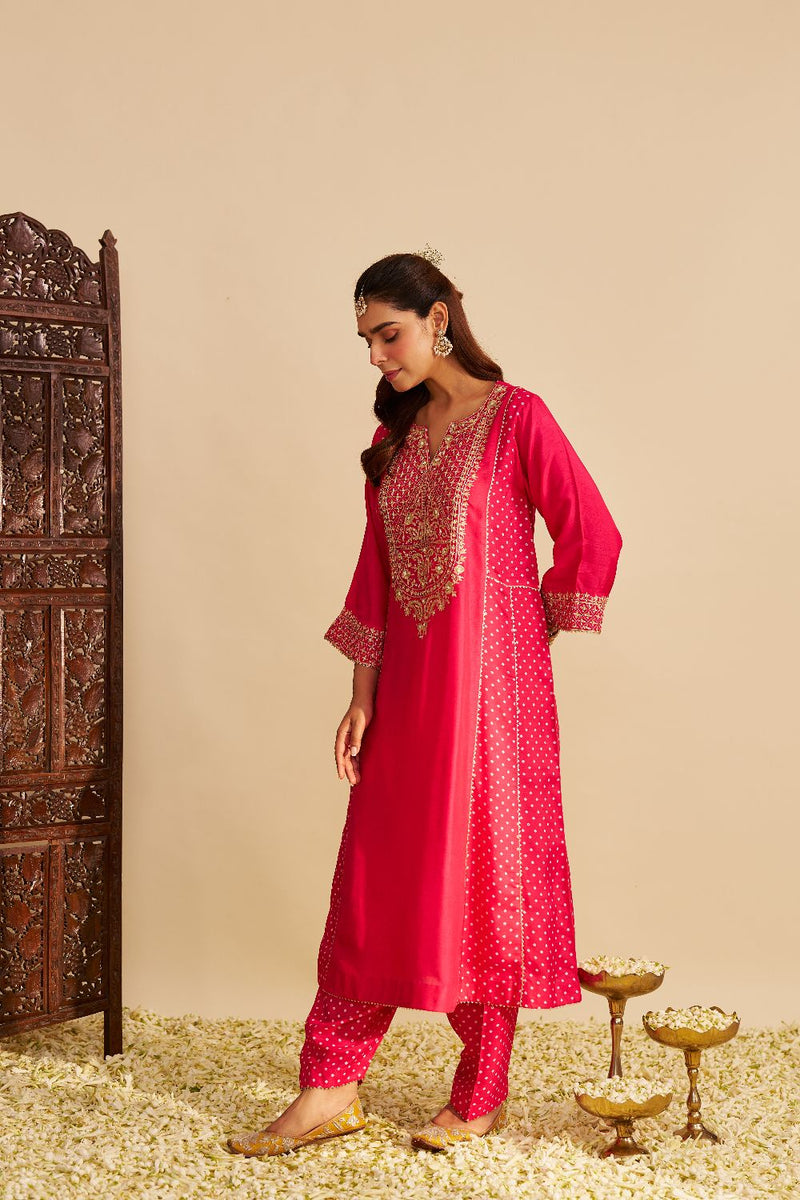 Esra - Long Chauga With Salwar-Hotpink silk by SHEETAL BATRA in pink color for women Worldwide