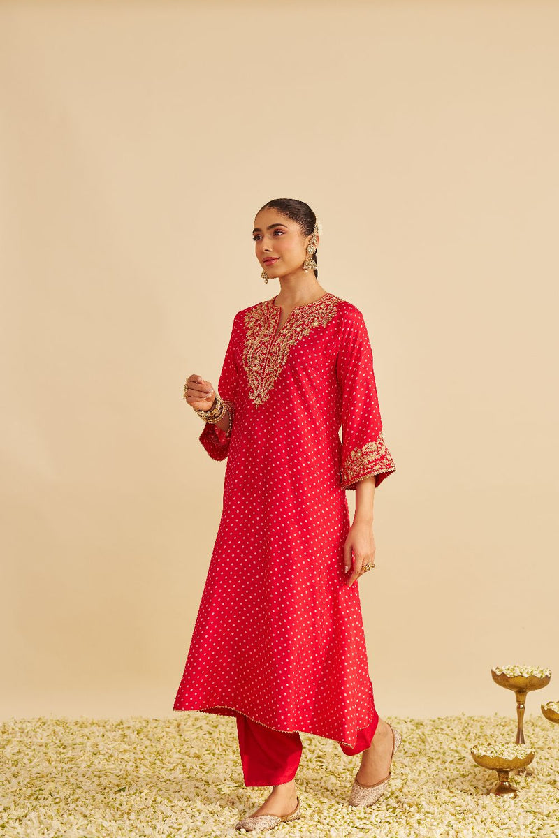 Shezia - Long Chauga With Salwar-Red silk by SHEETAL BATRA in red color for women Worldwide