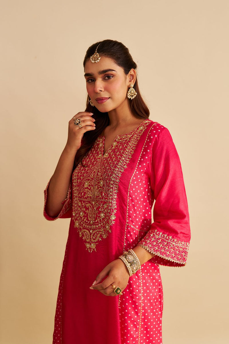 Esra - Long Chauga With Salwar-Hotpink silk by SHEETAL BATRA in pink color for women Worldwide