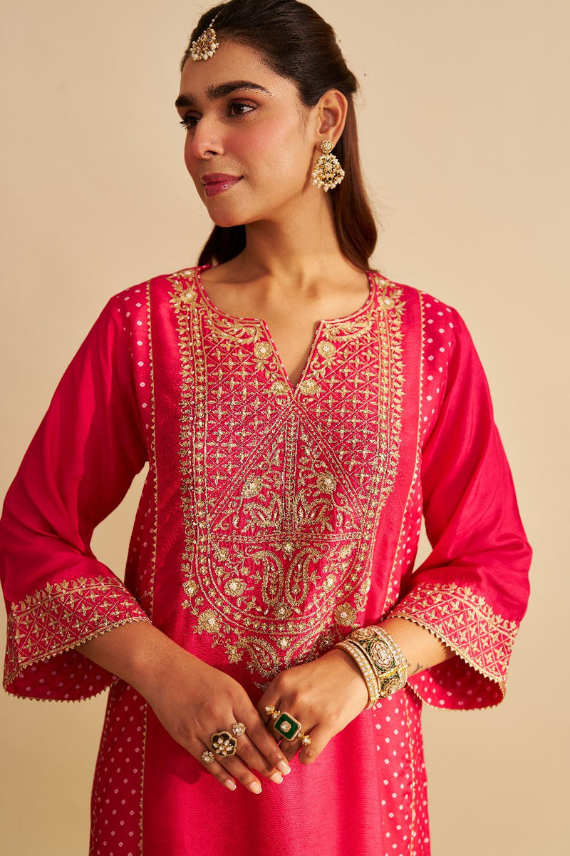 Esra - Long Chauga With Salwar-Hotpink silk by SHEETAL BATRA in pink color for women Worldwide