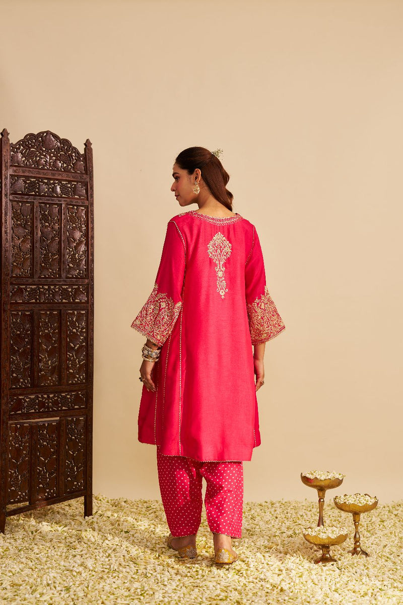 Niyah - Short Chauga With Salwar-Hotpink silk by SHEETAL BATRA in pink color for women Worldwide