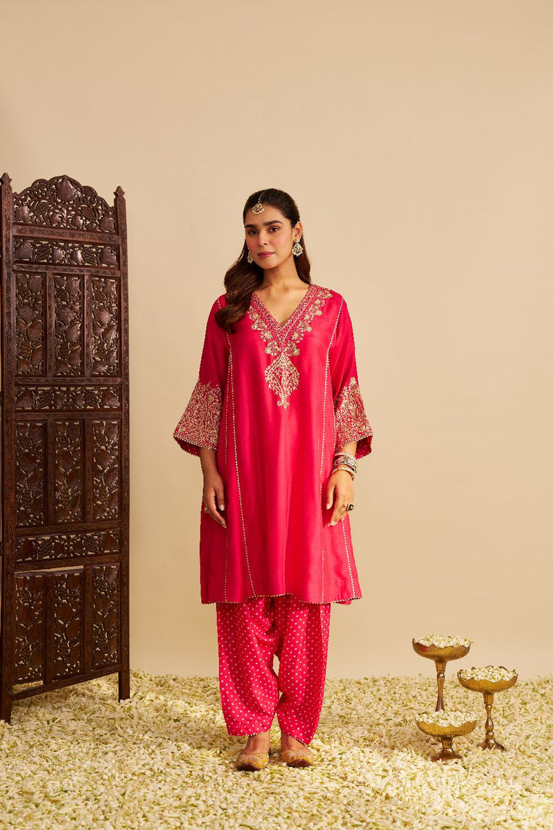 Niyah - Short Chauga With Salwar-Hotpink silk by SHEETAL BATRA in pink color for women Worldwide