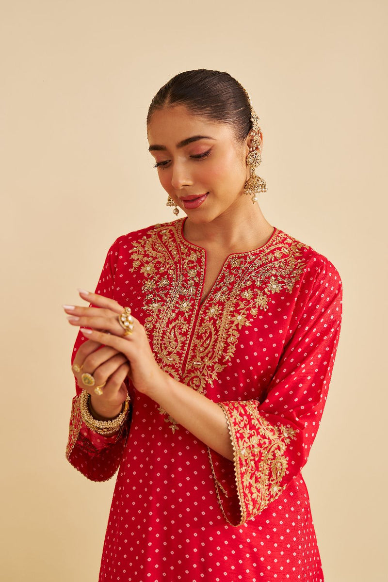 Shezia - Long Chauga With Salwar-Red silk by SHEETAL BATRA in red color for women Worldwide