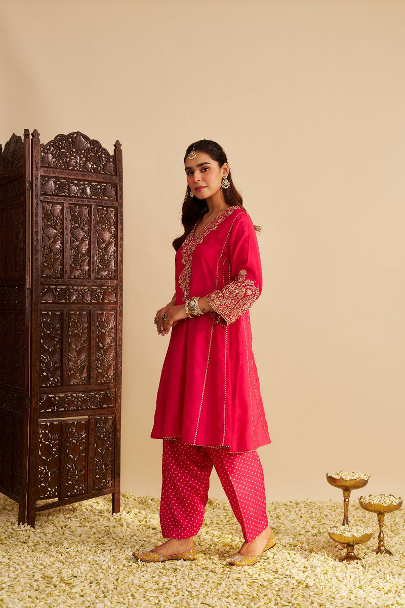 Niyah - Short Chauga With Salwar-Hotpink silk by SHEETAL BATRA in pink color for women Worldwide