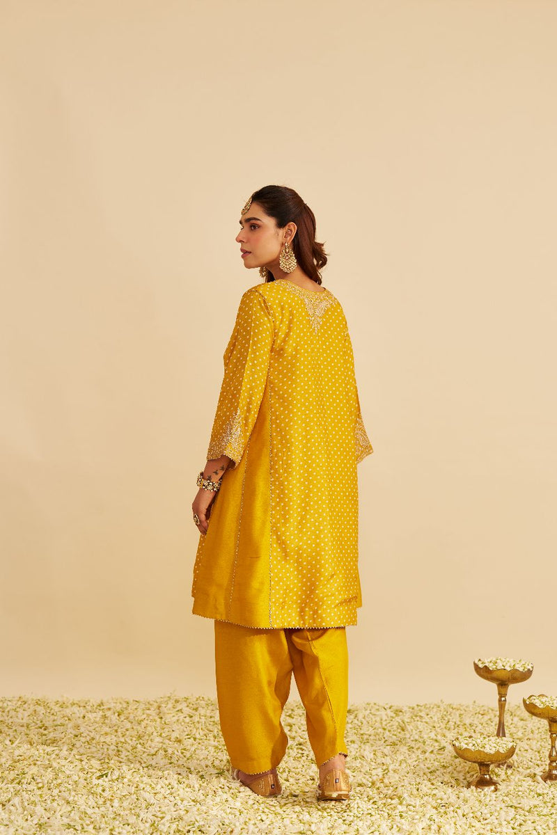Kayra - Short Gathered Chauga With Salwar-Mustard silk by SHEETAL BATRA in mustard color for women Worldwide
