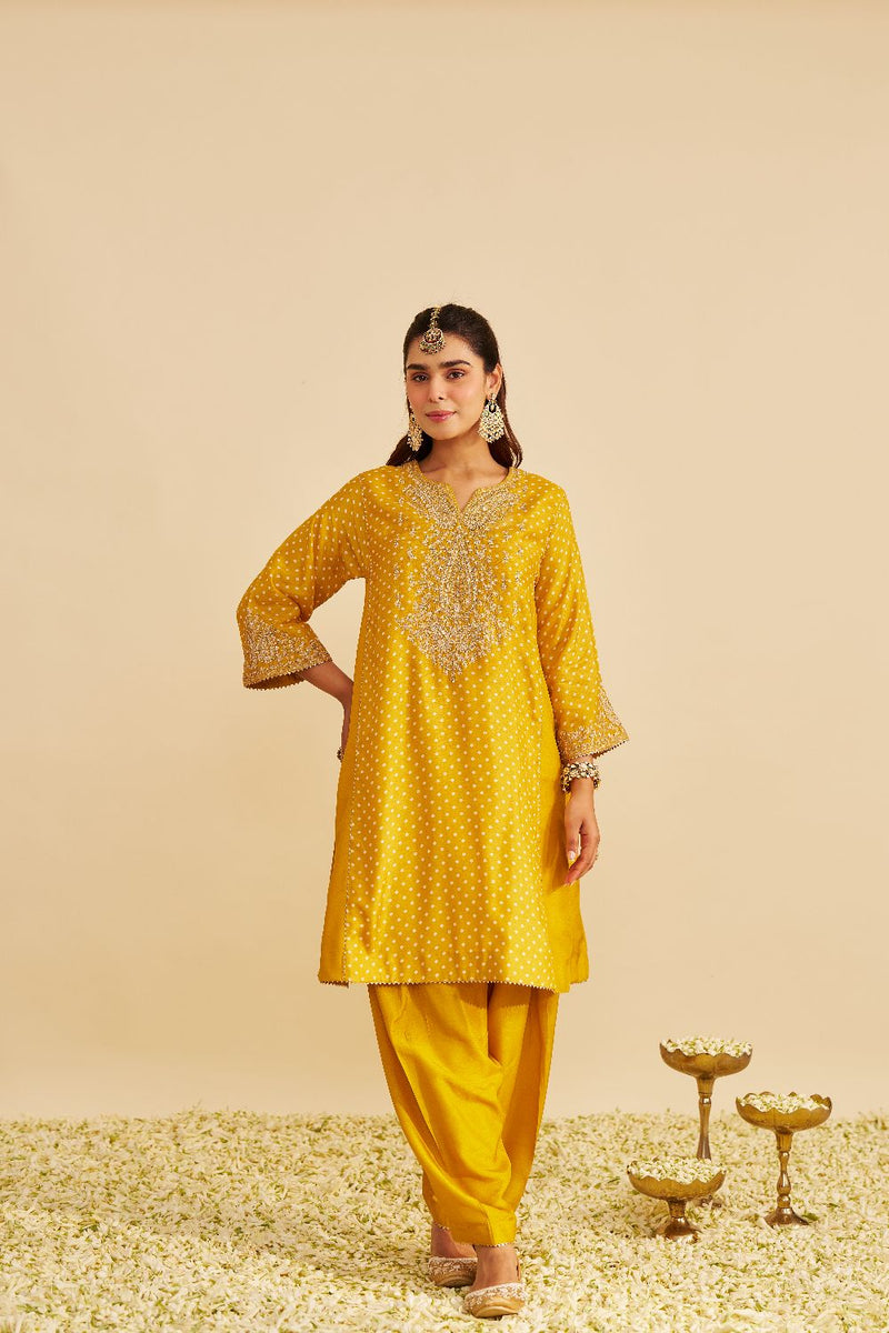 Kayra - Short Gathered Chauga With Salwar-Mustard silk by SHEETAL BATRA in mustard color for women Worldwide